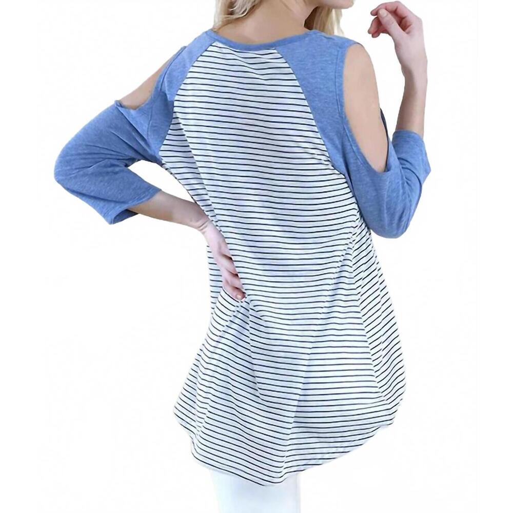 NEW UMGEE open shoulder striped raglan top in blue - Picture 4 of 4